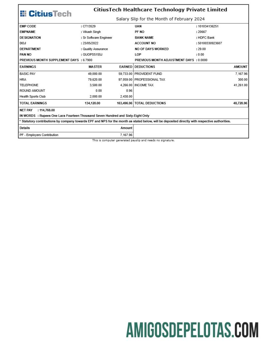 Para download Modelo de recibo de pagamento da CitiusTech Healthcare Technology em formatos Word e PDF.pdf, 1